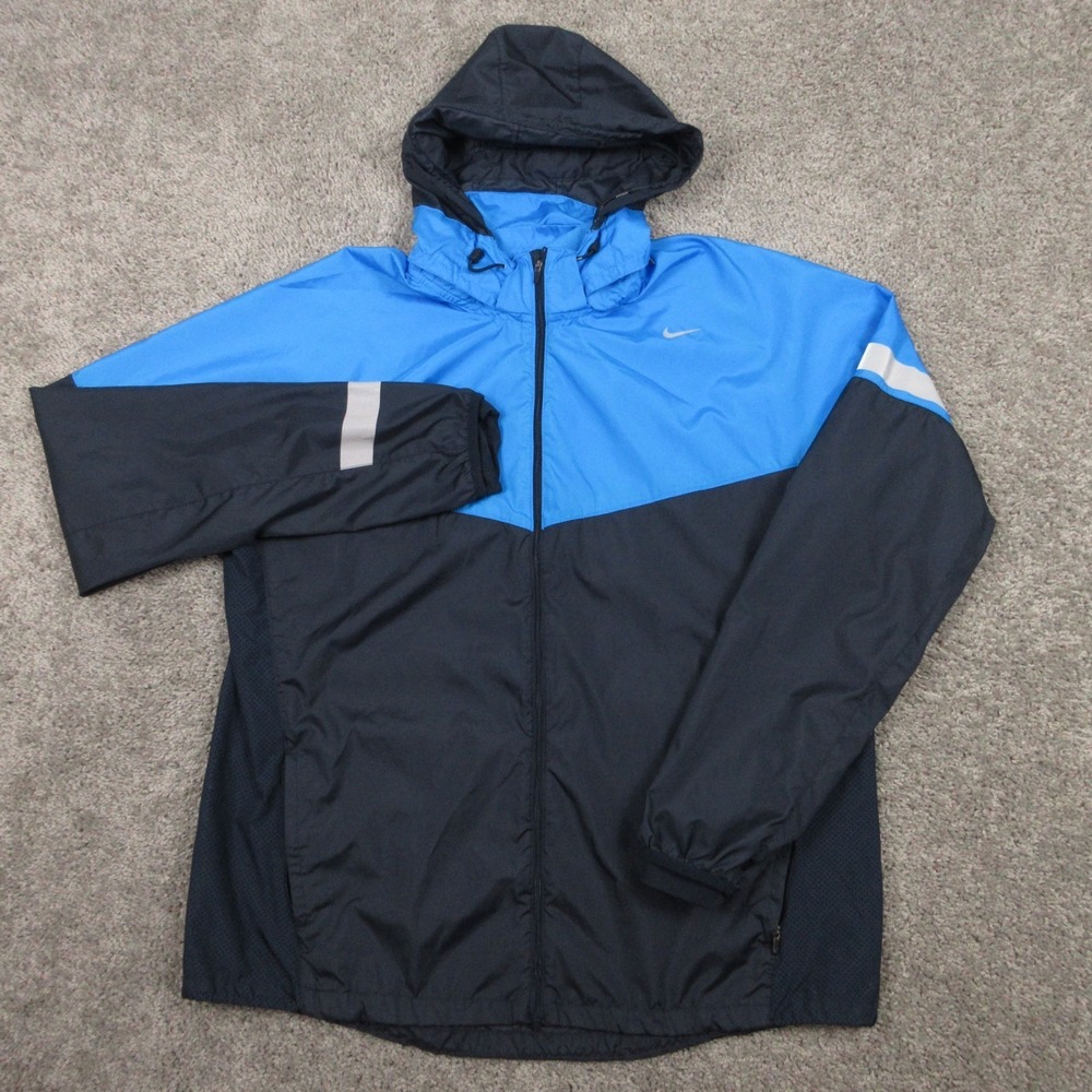Nike Jacket Mens XL Blue Running Windbreaker Reflective‎ Performance Logo Hooded